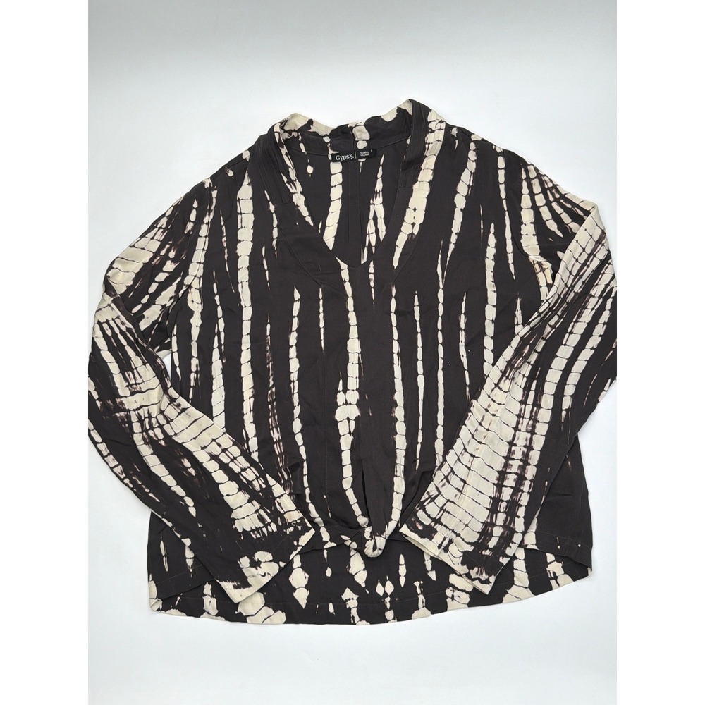Gypsy 05 Global Village Black Silk Tie Dye Knot Front V-Neck Blouse Small